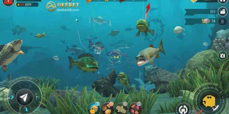   An example of a typical online fishing game interface with multiple targets and weapon controls.